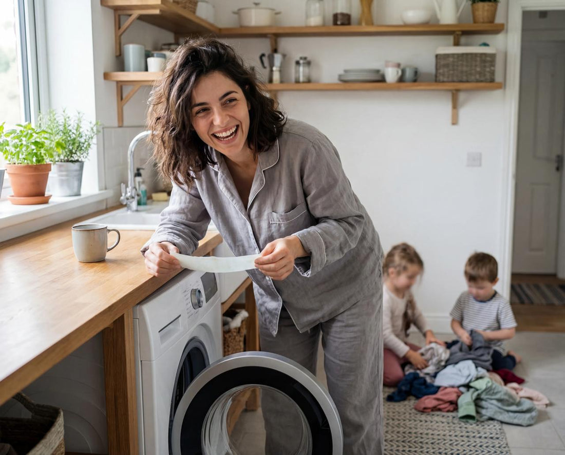 Lachende vrouw met een wasstrip, kinderen spelen met was in de achtergrond