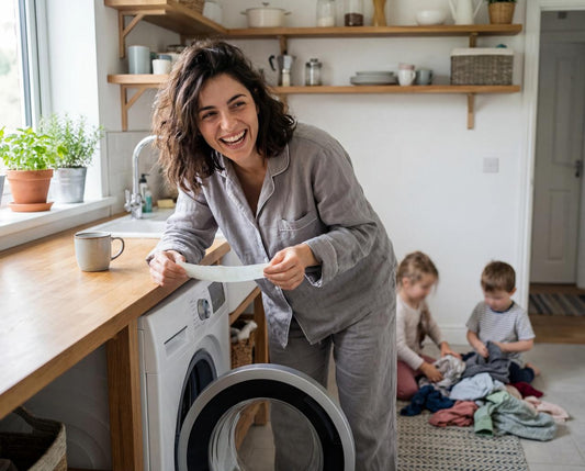 Lachende vrouw met een wasstrip, kinderen spelen met was in de achtergrond