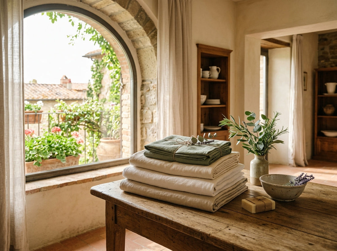 Rustige levensstijl setting met gevouwen textiel, lavendel en natuurlijk licht